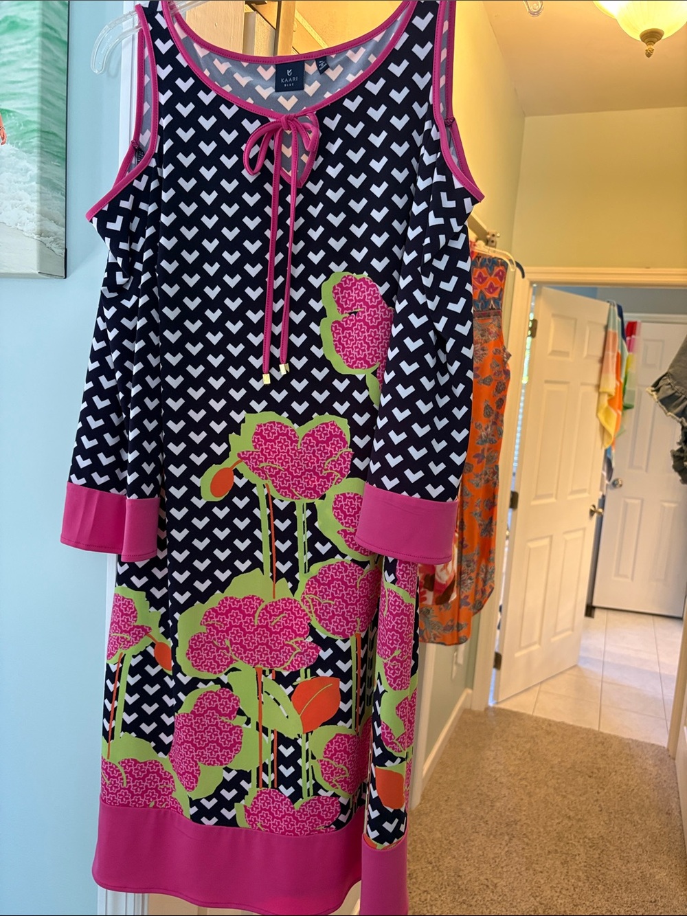 Stylish Floral Cold-Shoulder Dress in Navy & Pink - Designer Look